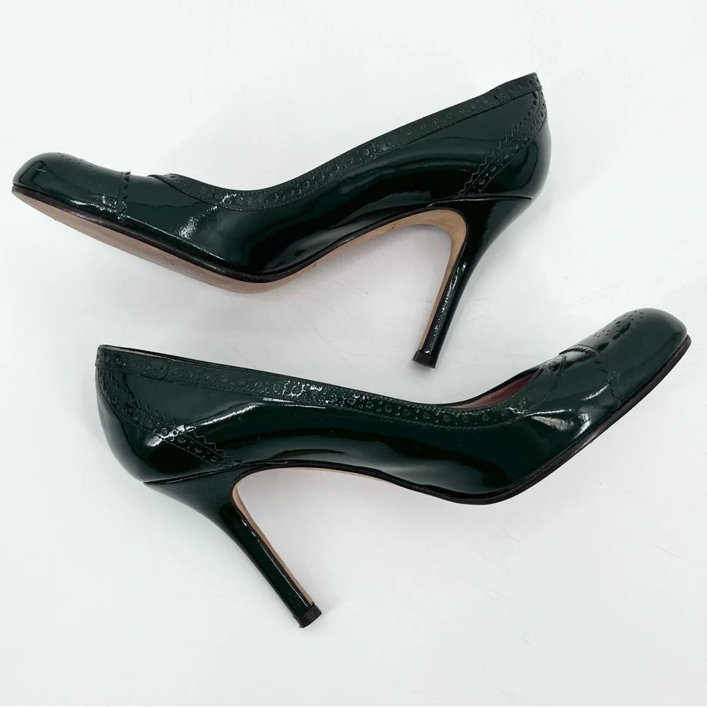 Kate Spade Rich Green Patent Leather Brogue Round Toe High Heels Size 7